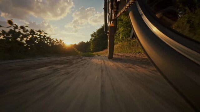 A person rides a bicycle along a dirt trail with sunflowers on one side. The sun is setting, casting a warm glow and creating a picturesque scene of nature and adventure