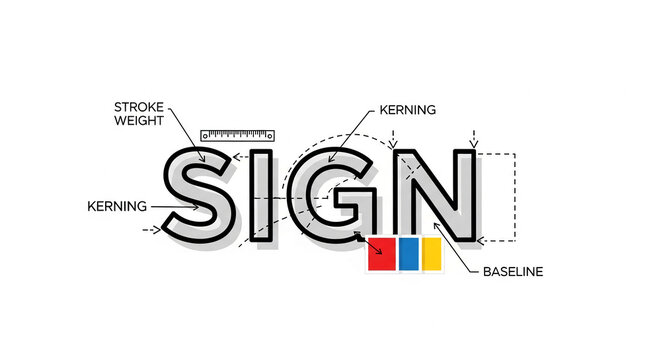 Diagram showing word SIGN design elements: kerning, stroke weight, baseline, color palette  Illustrates typography principles for sign creation
