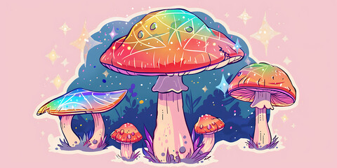 Whimsical rainbow mushrooms bloom in a magical enchanted forest setting with sparkling stars.
