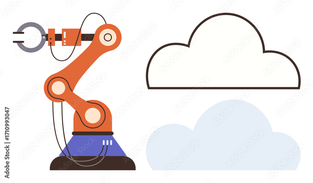 Poster robotic arm with mechanical gripper and two cloud shapes representing data exchange, automation, and