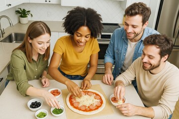 Four friends happily preparing a homemade pizza with toppings in a bright kitchen, engaging in a fun cooking activity on a light countertop