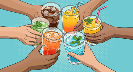 Diverse hands holding colorful drinks in glasses with straws