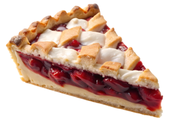 A delicious slice of cherry pie with a lattice crust and cream cheese topping isolated on transparent background, a perfect dessert for any occasion
