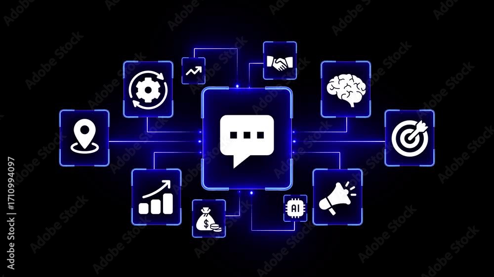 Poster digital business network with chat icon and technology icons on black background communication