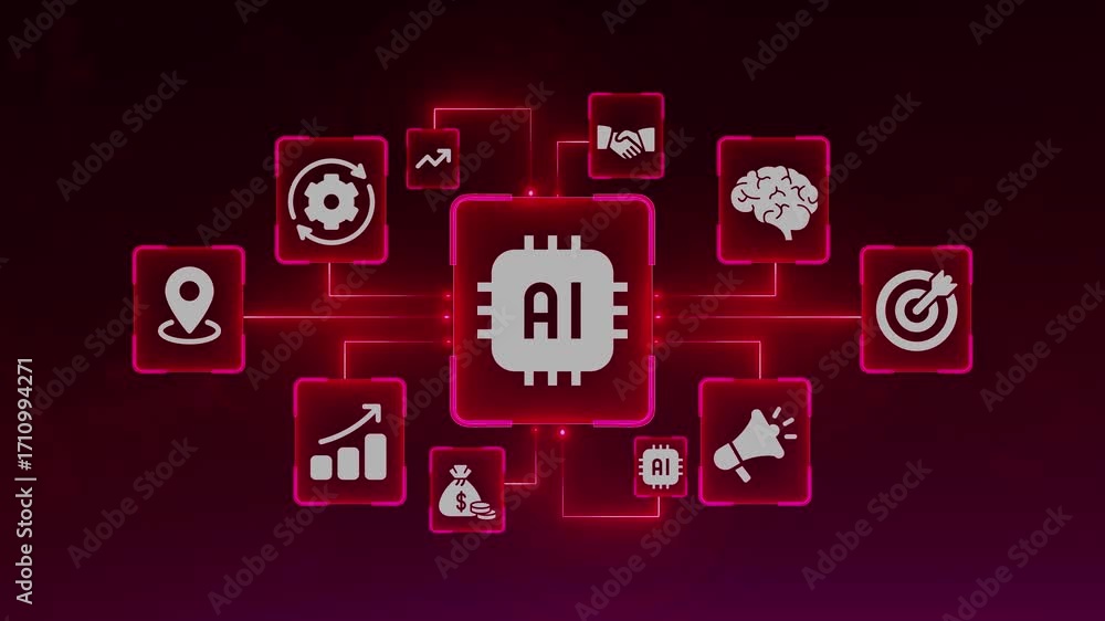 Poster ai chip icon network with business and technology concepts on red background ai chip artificial inte