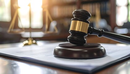 Court gavel on documents.  Sunlight through window