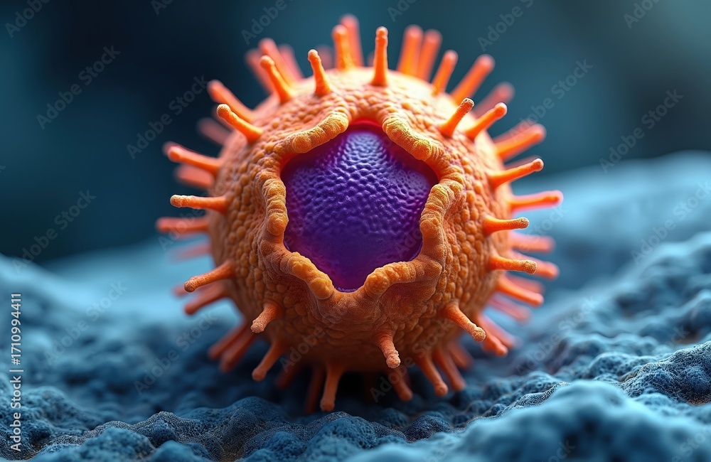 Poster close up 3d render of orange virus particle with purple core. microscopic view shows spiky sphere st