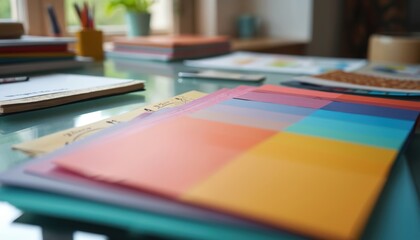 Colorful swatches of paper and notebooks on glass desk. Artist, designer work. Creative process, color palette choice, project planning. Home office setup.