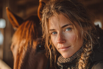 Equestrian grooming session with woman brushing horse in rustic barn during golden hour