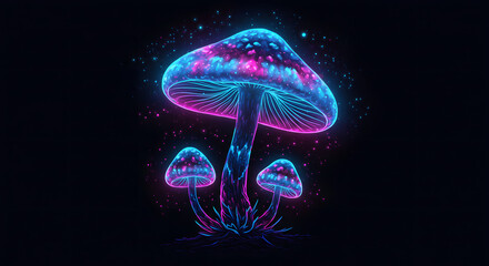 Psychedelic Mushroom Fantasy: A vibrant and imaginative illustration of a cluster of psychedelic mushrooms, aglow with neon colors against a stark backdrop.