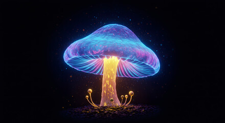 Enchanting Bioluminescent Mushroom: A captivating image of a solitary bioluminescent mushroom glows against a mysterious black backdrop, its ethereal light and intricate design captivating viewers.