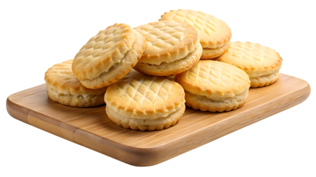 Pile of filled biscuits isolated on transparent background, arranged on a wooden board, perfect for showcasing snack or dessert options in designs