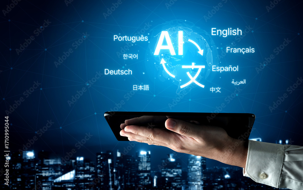 Poster global communication with multiple languages, digital translation tools, multilingual technology, cr