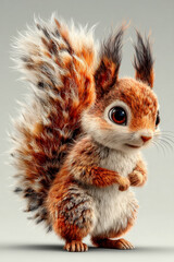 3D render of a squirrel in Pixar style, large fluffy tail, white background

