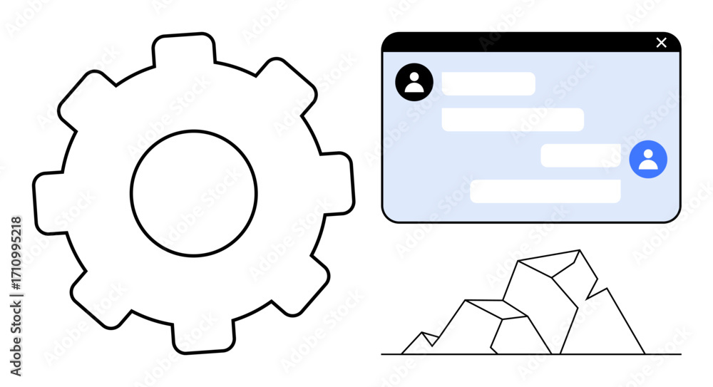 Poster gear symbolizing functionality alongside a chat window for communication beside abstract polygonal s