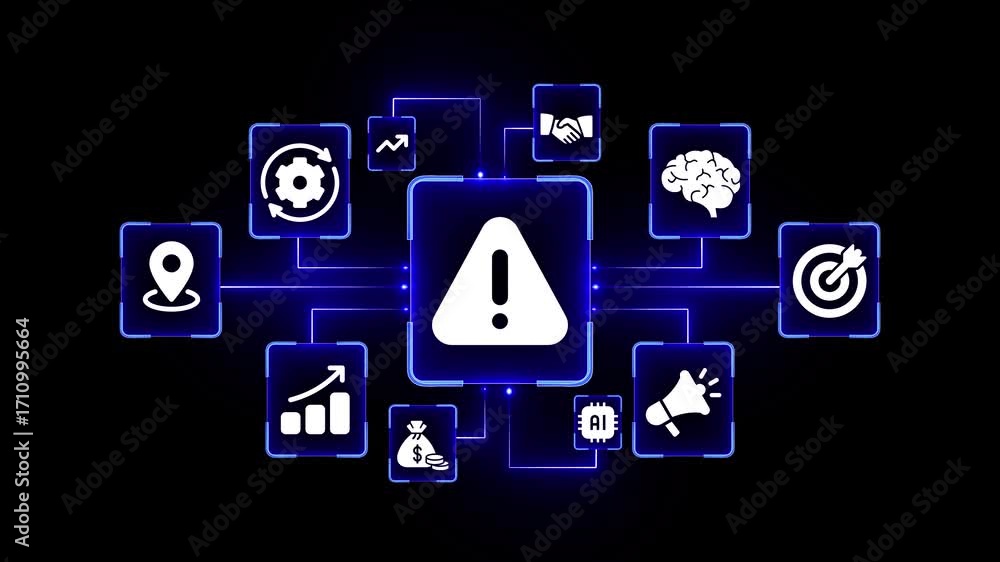 Aufkleber digital business network with exclamation mark icon and technology icons on black background alert w
