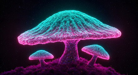 Enchanted Fungus: A luminous psychedelic mushroom scene captivates with glowing hues of purple and teal, set against a mesmerizing dark background.