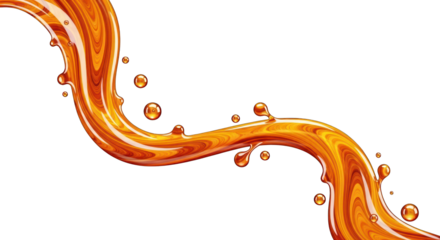 Golden Liquid Flowing with Droplets on White Background.