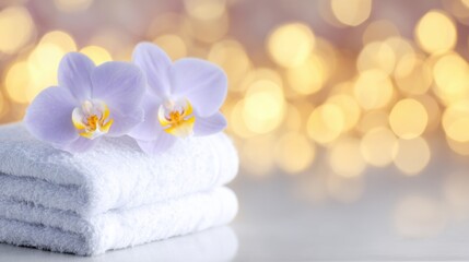 Relaxing spa scene with purple orchids and soft white towels