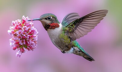 Fototapeta premium A hummingbird hovers near a cluster of pink blossoms, wings outstretched. Soft, pastel background