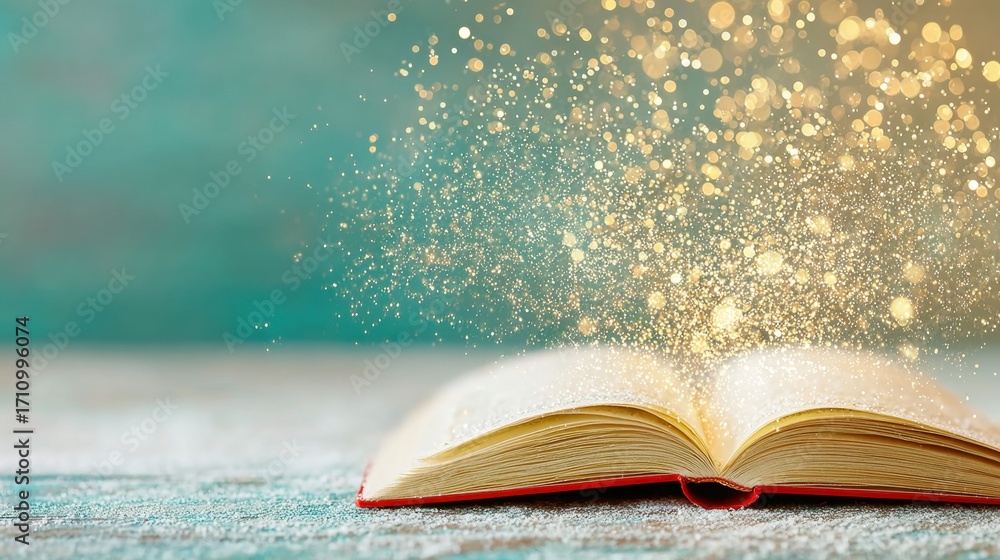 Poster Magic sparks rise from an open book on a serene background