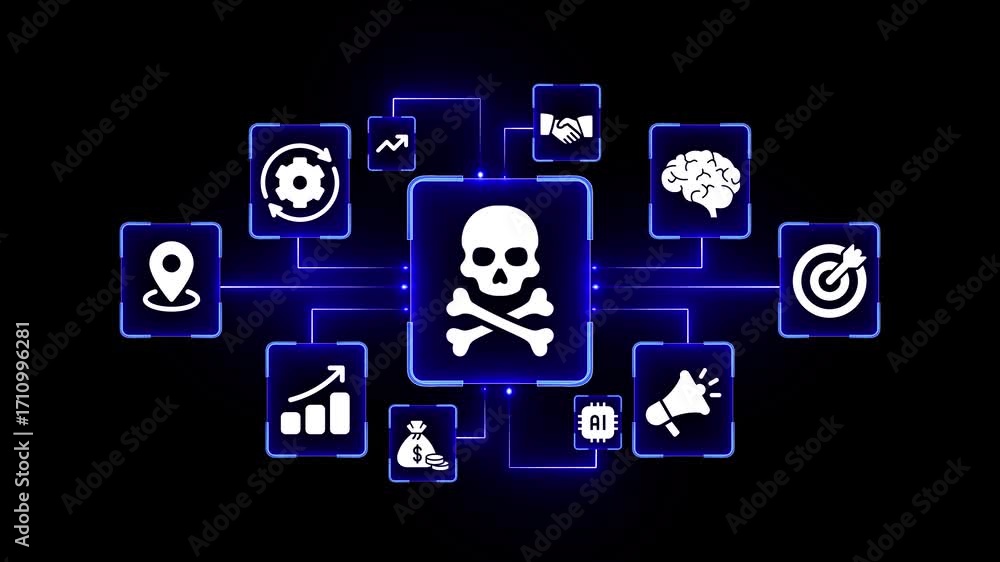 Poster digital network of business and technology icons with a central skull and crossbones symbol on a bla
