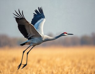 Naklejka premium Sandhill crane bird flies over dry golden field. Avian wildlife in motion with wings spread wide. Long legged creature in flight against blurred natural background. Birdwatching scene.