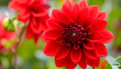 Obraz premium Vibrant close-up of a rich red dahlia flower, showcasing intricate details and delicate petals.