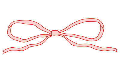Whimsical coquette pink bow ribbon with red outline. Cute and elegant design element for Valentines Day, packaging, greeting cards, scrapbooking, feminine branding, and decorations. Vector art