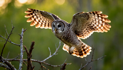 Fototapeta premium a barred owl (strix varia) flies low with wings spread in a forest