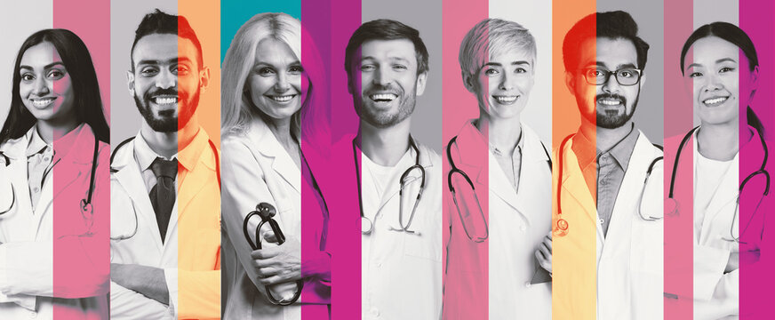 A collage features a group of diverse doctors, including men and women. They are dressed in white coats with stethoscopes, standing together against a striking backdrop.