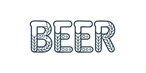 Beer Typography Logo with Malt, Hops, Grain Line Art and Foam on Transparent Background – Craft Brew Bar Decor Vector Illustration