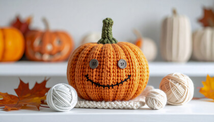 Handarbeit - ein gestrickter orangefarbener K&uuml;rbis mit lachendem Gesicht, danebwn wei&szlig;e Wollkn&auml;ule, im Hintergrund ein Regal mit K&uuml;rbissen und Dekoration