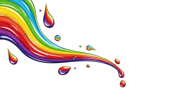Vibrant Rainbow Stream with Colorful Droplets on White Background.