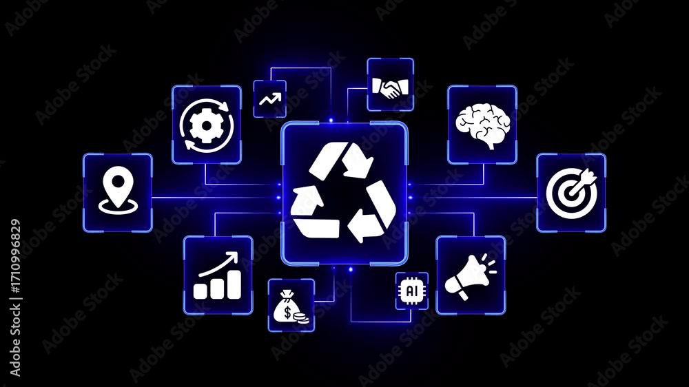 Poster digital network of business and technology icons with a central recycling symbol on a black backgrou