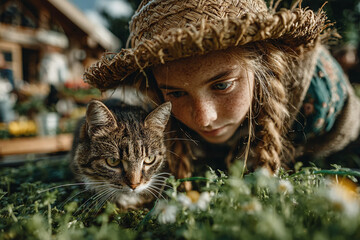 Sunny garden scene with girl tending flowers and cat watching nearby