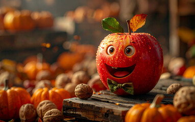 roter Apfel mit lachendem Gesicht steht auf einem Podest aus Holz, daneben herbstliche Dekoration