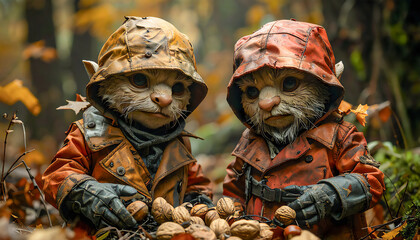 Strohpuppen mit strengem Gesichtsausdruck, alten Regenkappen auf dem Kopf und Trenchcoats sammeln N&uuml;sse  im Wald