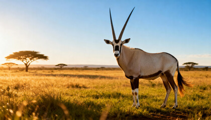 Fototapeta premium a lone oryx (oryx gazella) stands in the savanna at sunset