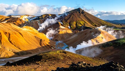 Volcanic landscape with steam