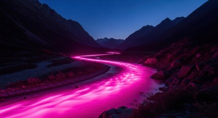Vibrant Pink River Flows Through Dark Mountain Valley at Night