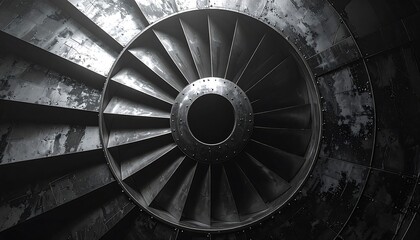 Detailed close-up view of a large, intricate jet engine turbine, showcasing the metallic structure and complex design of its blades and casing.