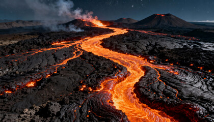 a river of lava flows down a volcanic landscape at night with a starry sky