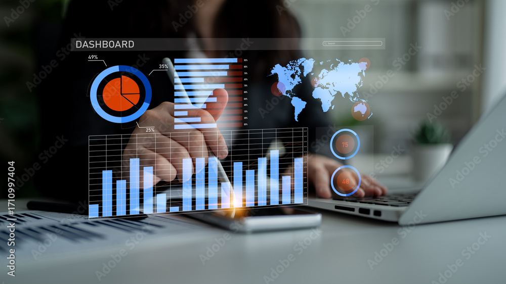 Poster business professional engages with advanced digital dashboard showcasing analytics and visual data, 