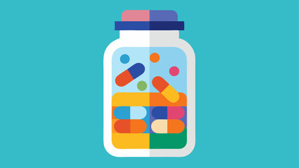 Capsule Container A clear bottle filled with colorful capsules showcasing the vibrant colors of the antiaging exosome supplements with a label that highlights AntiAging Formula.