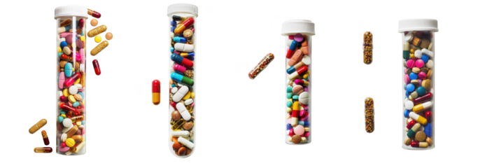 Several test tubes filled with colorful pills and capsules, isolated on transparent background