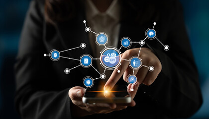 A business professional interacts with a smartphone to analyze key performance indicators, visualizing data through digital icons and connections, showcasing modern analytics. Tessel