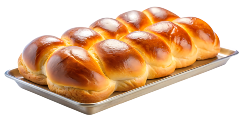 Freshly baked challah bread on a metal tray isolated on transparent background the braided loaf has a goldenbrown crust and a soft, fluffy interior