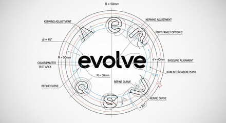 Blueprint design showcasing "evolve" word, surrounded by circular font variations and design elements, illustrating process of logo creation and refinement