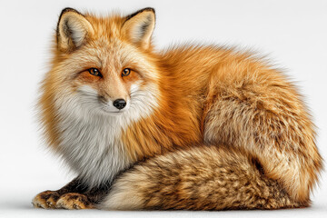 Photorealistic red fox sitting, fluffy tail wrapped around, isolated on white background

